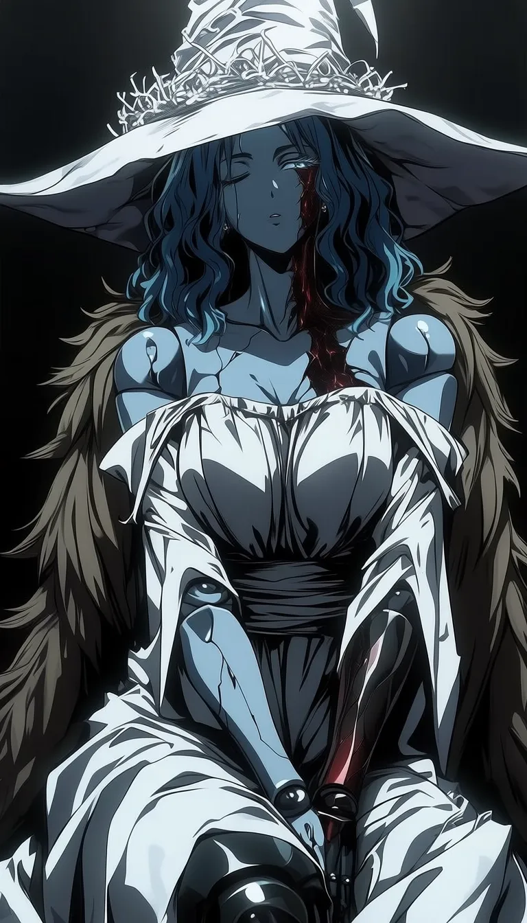 dark_art_style, (ranni_the_witch:0.6), blue eyes, one eye closed, blue hair, wavy hair, blue skin, colored skin, cracked skin, doll joints, witch hat, large hat, white headwear, white dress, long sleeves, fur cloak, brown cloak, masterpiece, highres