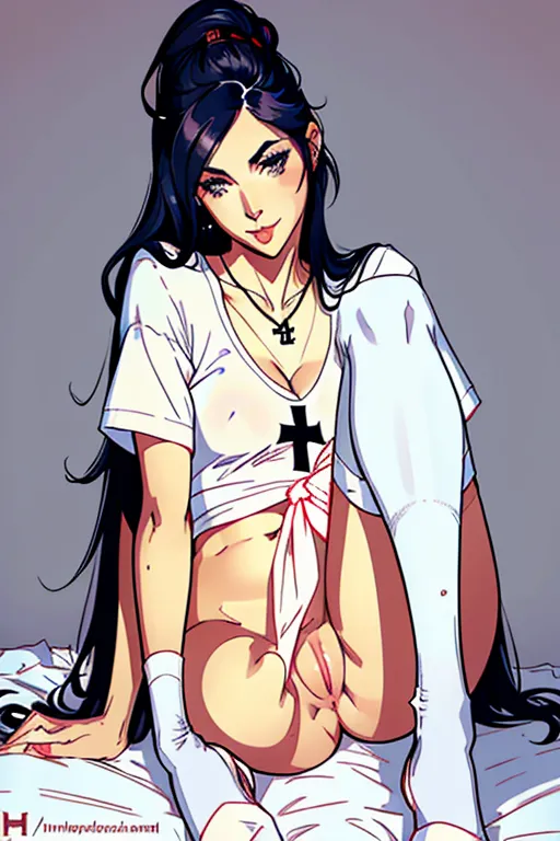 Christian, Cute, goofy, silly, sexy, feminine, Alexandria Ocasio-Cortez, hair pinned up, orgasmic smile, slender figure, cute breasts, Bubble butt, naked pussy, aroused clit, cute anus, full thighs, cute feet, cross necklace, oversized loose fitting (white) crop top, v-neck, Pink panty briefs, long pink stockings, cameltoe, her panties are pulled down and tied around her ankles, sitting, on the side of the bed, inviting me, wanting me, showing me her peepee, high definition, 4k quality, excellent lighting, great shading, pristine detail, very clear picture, beautiful vibrant colors, accurate at lower prompt guidence, ultra realistic, five fingers per hand.