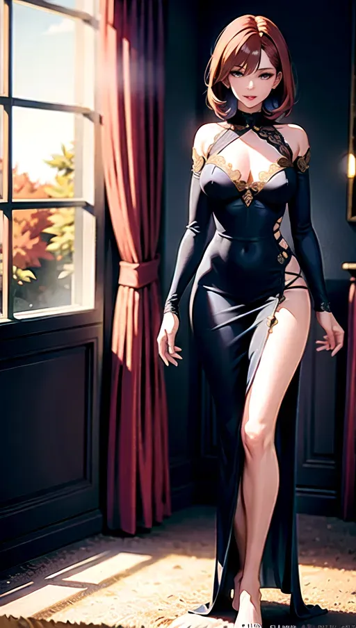4k high detail, masterpiece, detailed background, bedroom, autumn, midnight, soft dim candlelight, full body photo of, 1girl, beautiful, slim figure, long slender legs, medium breasts, short auburn hair, brown eyes, beautiful lips, sheer blue dress, gold lace, cleavage, standing