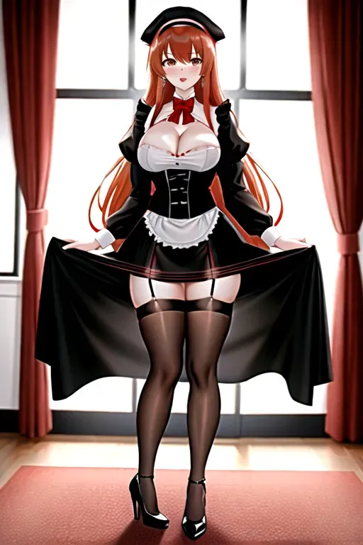 long ginger hair, brown eyes, pale skin, giant breasts, black maid uniform, showing cleavage, bedroom, pov, looking at viewer, miniskirt, red corset, red high heels, overlooking city, 4k, 25 years old, full body photo