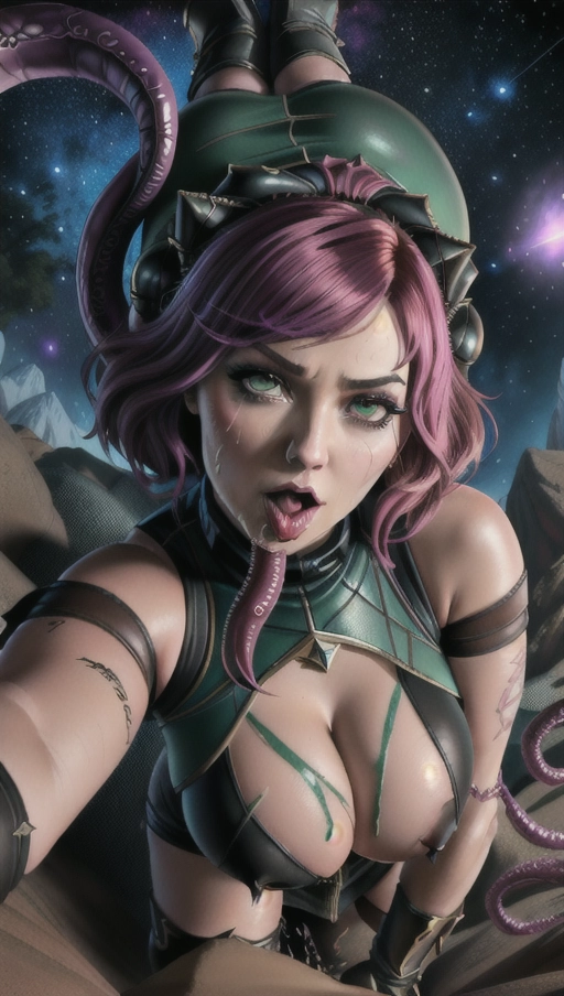 Natasha Nice is fucked by alien monsters, massive tits, perfect face, detailed facial features, accurate face Natasha Nice, big ass, alien cocks, all cocks are massive and very long, <lora:dpmg_fucked_from_behind:1>, torn latex space dress, dpmg_tentacle_sex_v1,