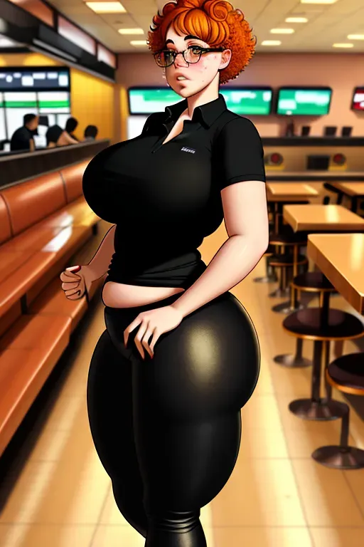 1 girl, in fast food restaurant, nerdy, nervous, pale skin, green eyes, freckles, orange hair, short hair, messy, curly hair, fat body, obese, ssbbw, big belly, huge belly, fat belly, wide belly, wide hips, big butt, huge butt, fat arms, thicc, huge thighs, fat rolls, wide waist, tight black shirt, black polo shirt, tight black pants
