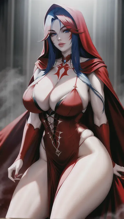 Red riding hood,big breasts,five fingers per hand,fishtail hair,gorgeous face,beautiful lips,blue eyes,curved eyebrows,curved eyelid,pale skin,joyful,tattoo,cinematic lighting,cgsociety,unreal engine,ultra realistic,studio lighting