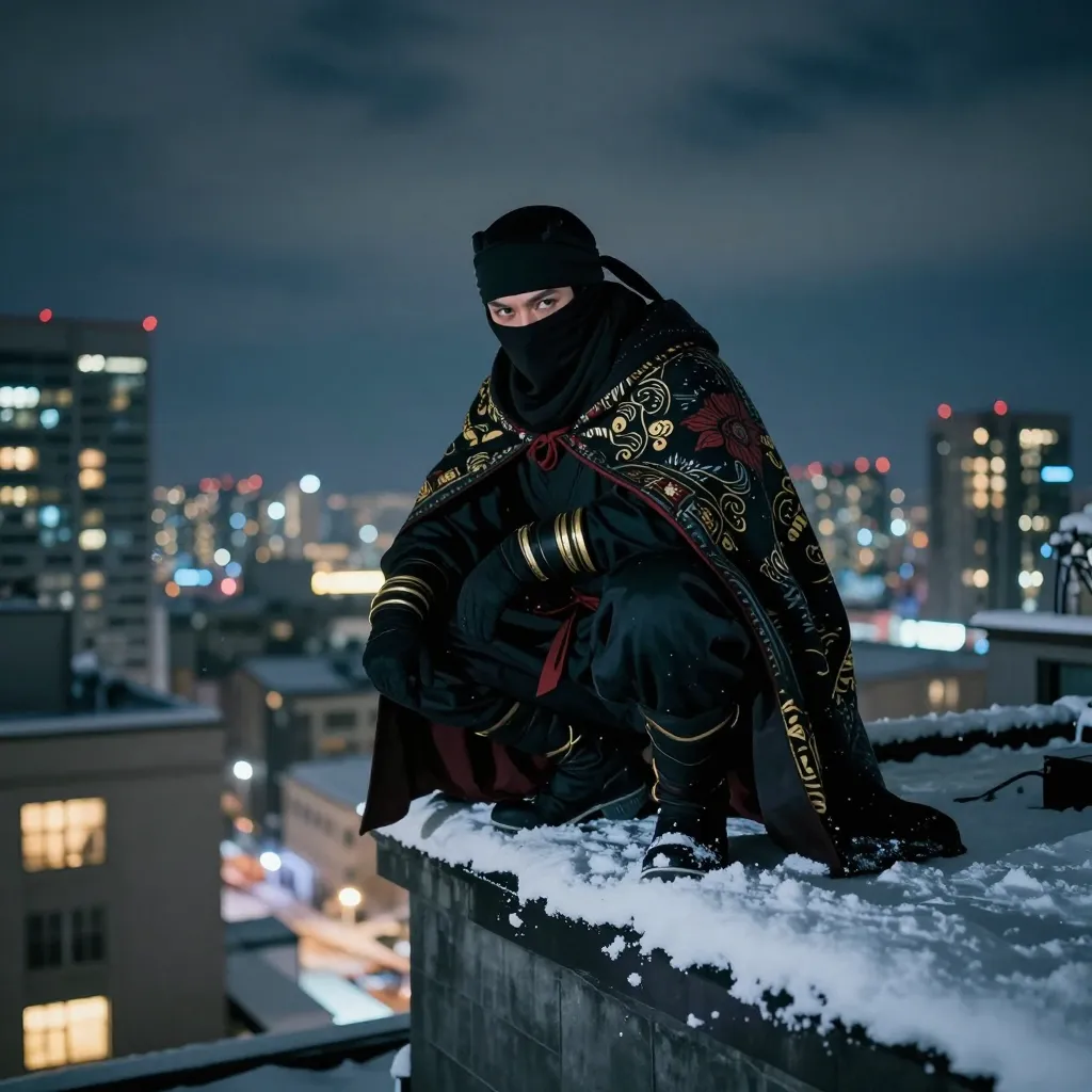This is a photograph depicting a ninja-like figure perched on a snowy rooftop at night. The figure, wearing a black mask, headband, and gloves, has a dark, patterned cloak adorned with gold and red designs. They are squatting with one hand on the snowy roof edge, revealing gold wristbands and black boots. Their intense, focused eyes peek through the mask. The background features a cityscape with illuminated buildings, including tall skyscrapers with glowing windows, set against a dark, cloudy sky. Snow covers the rooftops below, and warm yellow lights from windows create a contrast with the cold, blue-toned night.