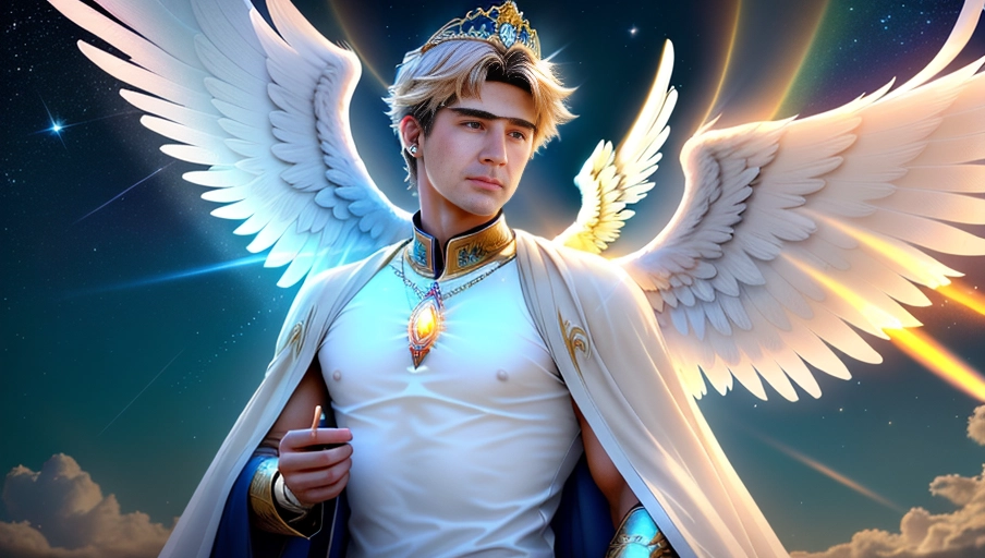 a 64k high detailed photo of body shot of straight Male HDR Professional ((In clothing))) ((Has Attire)) Godly Ultra Detailed Best Quality Most Detailed ((Angel Wings)) Angelic Lighting Love Hope Magic casting Crown Smiling Queen happy Glory Warrior Angels Angelics Positivity Happiness ecstasy enraptured sweaty saving God Royalty Morality Goodness True Good Power Force Authority Ethical Saviour orgasm face Halo short Hair Always and Forever Sentimental in heat hot ultra hot best best lighting tantric Neutral Brilliant Logical Compassionate Perfect Perfection Exciting Integrity Winged Courage Purity Harmony Beauty mark on upper lip ((Male)) Ethereal Lighting Celestial Lighting (((With Clothes))) ((With God Item)) ((God Tech)) with items of power God Wings
