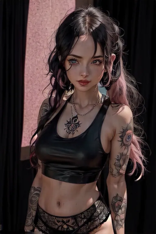 digital photograph of goth girl, tattos, bendig over, masterpiece, 1girl, nsfw, blue_eyes, long hair, (white tank top, tank top, crop top, black top), blush, ahegao, full body shot, raytracing, perfect lighting, photo-realistic, masterpiece, in studio apartment, detailed eyes, luscious pink lips, puffy cameltoe