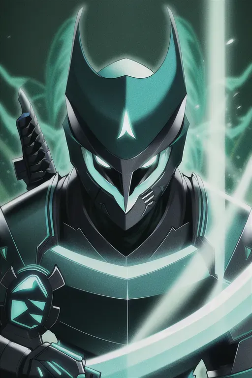 Ninja, full face mask, teal, glowing green accents, with a sword, female, 8k wallpaper, best quality, ultra hd, global lighting, hi-resolution, high quality, highly detailed, in a dark forest