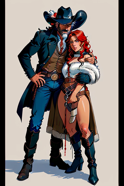 Two people, Old wild west, we see two people, A badass cowboy rescuing a native American, he is riding his badass horse, rescuing a cute damsel in distress, he is a US Marshall, former confederate army officer from Georgia C.S.A , black cowboy hat with white band and a feather, red hair, red beard, sharp blue eyes, gritting teeth, strong chin, a scar across his face, strong build, black cowboy outfit, long brown trench coat, black boot cut pants, two six shooter revolver pistols, one pistol is drawn, the other pistol is in the holster, two gun holsters, large belt buckle, gun belt with bullets line in, black cowboy boots with spurs, riding in the saddle of his black horse, large mean black stallion, jeweled stirrups, in a cold winter forest, fending of a pack of wolves that is surrounding a damsel in distress, the cowboy is saving a damsel in distress, reaching down for the damsel in distress, the damsel in distress is a Beautiful native american woman, red skin, beautiful long dark hair, floral decorations in hair, thick eyebrows, cute happy eyes, concave nose, soft gaunt cheeks, full lush lips, narrow round chin, slim build, small breasts, thin waist, curvy ass, curvy hips, curvy thighs, cute feet, wearing animal fur tribal pelts, tribal, aroused, aroused clit, throbbing pussy, brown anus, knocked down, reaching for the cowboy, in the snow, ((high definition)), ((4k quality)), ((excellent lighting)), ((great shading)), ((pristine detail)), ((really clear picture)), ((beautiful vibrant colors)), ((accurate at lower prompt guidence)), ((ultra realistic)), (((five fingers per hand))), (((two arms per person))), (((two legs per person))),