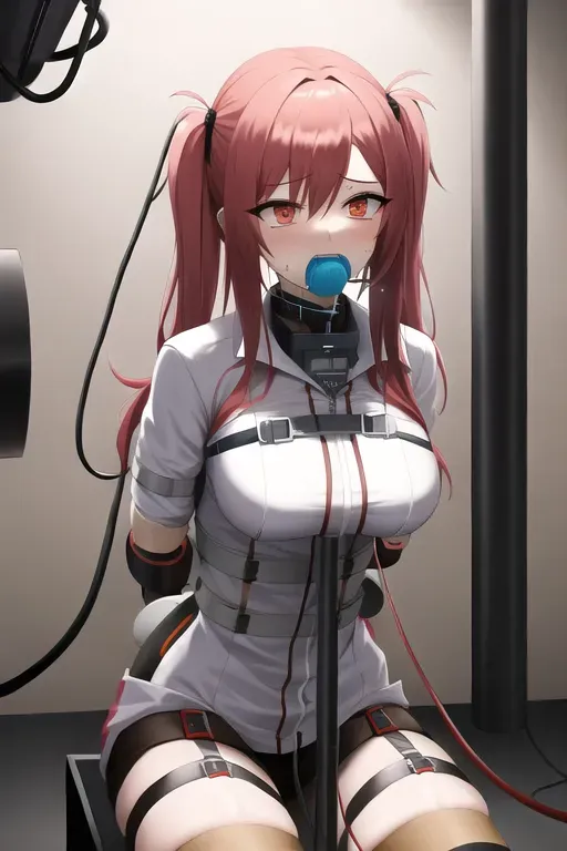 female restrained in feeding machine