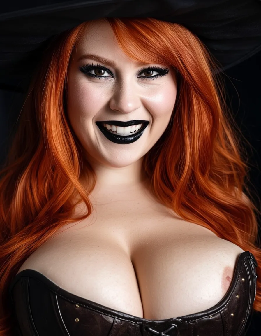 Closeup, photo, smiling teasingly, coy smile, sexually inviting smile, black lipstick, mascara, looking directly into camera, beautiful red haired woman, sexually aroused, sexually excited, sexy witch corset, displaying cleavage, witch hat , sexually provocative poses,