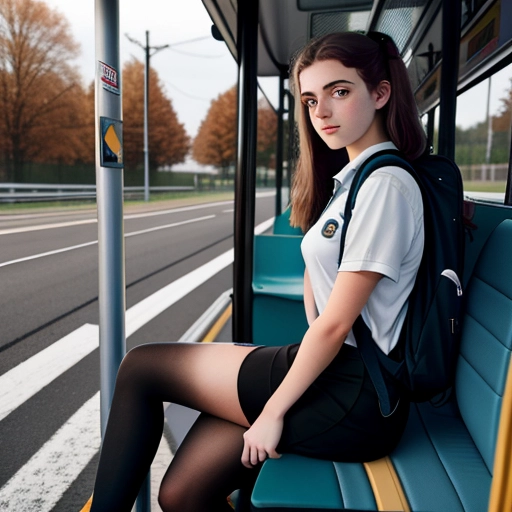 photo of an 18 year old girl talking to the driver of a car, her entire body in photo, she is wearing a uniform, backpack, sneakers, bus stop, she is leaning over, perspective from beside her