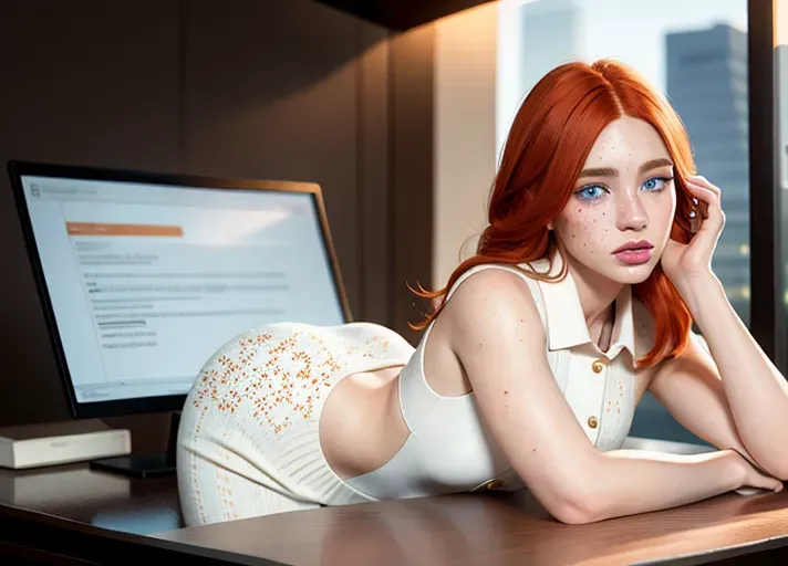 a highly detailed photo of, orange hair, blue eyes, freckles, pale skin, ((detailed hair features)),((detailed facial features)),((detailed body features)),a highly detailed photo of, best quality, ultra-hd, 8k resolution, 18 years old, light skin, beautiful face, perfect body, big rounded eyes, beautiful red lips, inocent face, highly detailed face, curved eyebrows, inocent face, correct anatomy, 8k, insanely beautiful, ultrarealistic, five fingers per hand, non nunde,((detailed arms features)),(textured skin),((beautiful lips)),((highly detailed)),((8k resolution photo shot)), business woman outfit, female suit, tie, micro skirt, upskirt, high heels, spreading legs, at the office, perfect body, rounded butt, bending over a desk, small waist, full body, skinny body, morning, cinematic lighting, long shot, wide shot, full shot