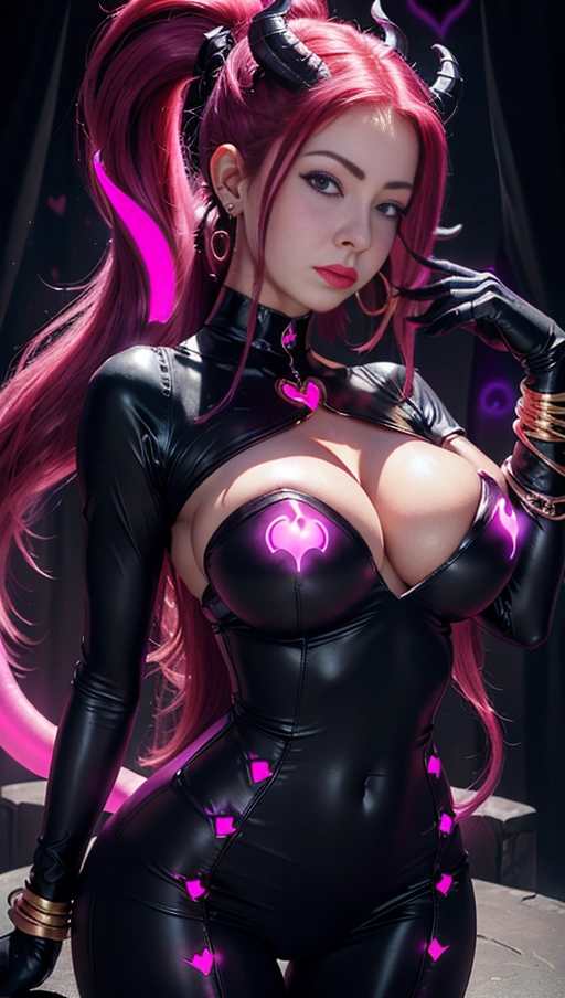 best quality, (((ultra high res))), (((detailed face and eyes))), (perfect face), big shining heart choker, earrings, jewelry, (((big glowing succubus mark))), ((((big glowing succubus bodymark)))), (((conjuring))), (witch), ((long voluminous hair)), (((black gloves))), ((pink hair)), straight hair, (((golden bracelet))), ((single ponytail)), (((huge hair cuff))), ((skintight neckholder dress with low neckline)), ((face closeup)), purple, (burgundy red lipstick), (((neckholder top with low neckline))), ((((demon tail)))), ((long sleeves)), ((purple glowing heart)), (((cameltoe)))