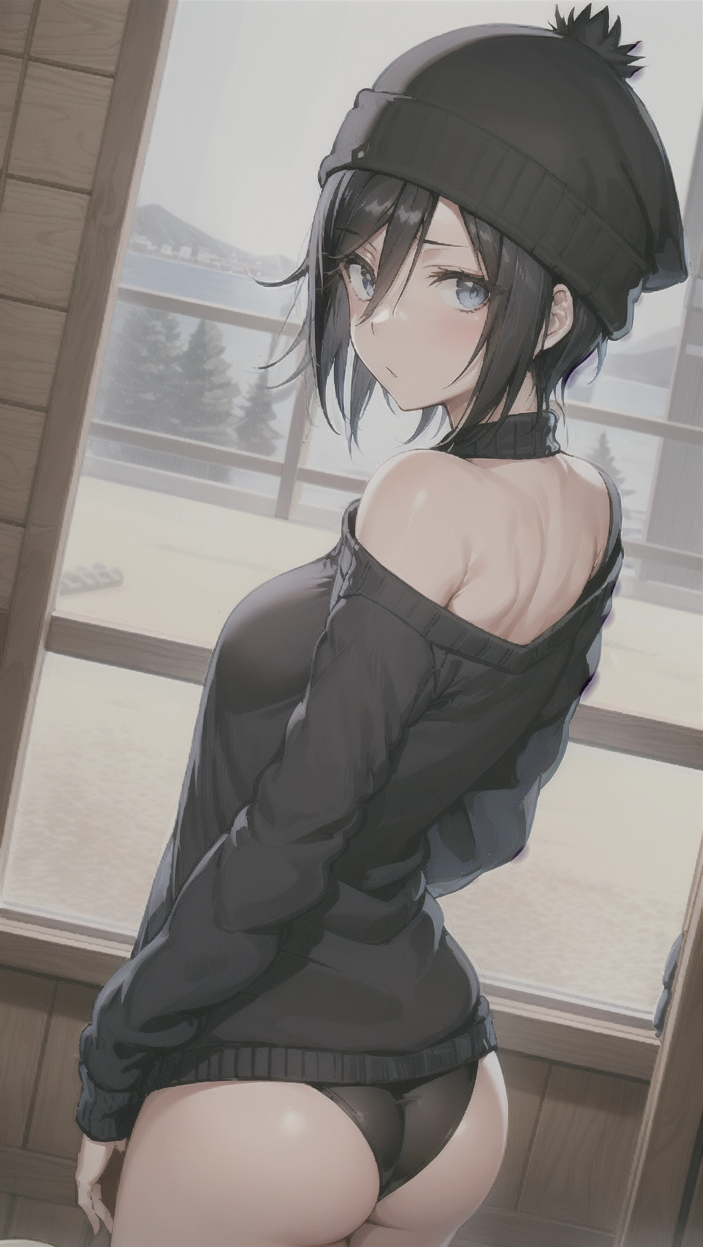 Rukia Kuchiki, short black hair, navy blue eyes, small boobs, sweater, beanie, in a cabin, view from behind, ass shot