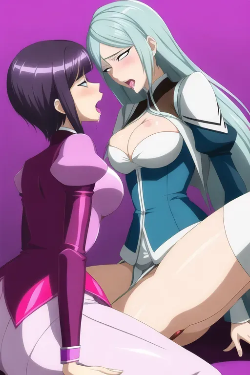Tall Franziska von Karma having lesbian sex with Maya Fey, in bed, ahegao, fingering, scissoring, lesbian, drool, high resolution