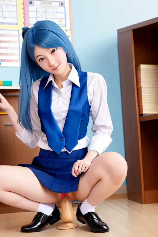 <lora:dpmg_riding_dildo:1>, blue hair, school books, school uniform, blue skirt, white shirt, no panties, wood floor, indoors, simple background,