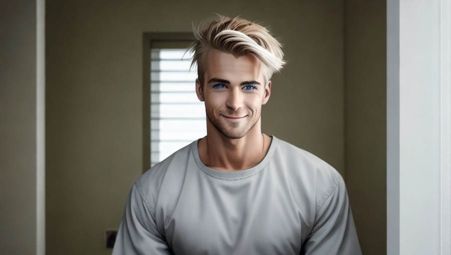 ((2 men)), 8k, top quality, high res, masterpiece, ((photorealistic)) The photo shows a very handsome thirty something perfect male with dirty blond hair and blue eyes with a chiseled jawline and light colored mustaxche is sitting cross legged on a navy colored sectional sofa dressed in modern athleisure. He is watching an inmate on his big screen TV from a chic downtown apartment. The dark-haired inmate on the TV screen is currently in jail and holding a phone up to his ear while he looks at a tiny screen on the wall. The handsome dark haired inmate is seen on the tv screen in the blond mans apartment. the inmate has dark hair and dark eyes. He is 30 years old with short almost buzzed haircut. The highly detailed inmate on the tv with dark hair is dressed in prison clothing. Both are smiling and happy. the two men are in different places, blond in an apartment, dark hair on tv screen