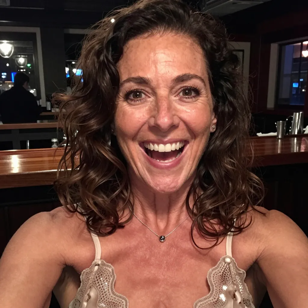 A medium-shot portrait of a smiling middle-aged Caucasian woman in her 40s, captured in a dimly lit indoor social setting, likely a bar or restaurant. She has shoulder-length, dark brown, wavy hair styled with volume, framing her face. Her expression is wide and joyful, with her mouth open in a bright, genuine smile, showing her teeth, and her eyes wide with a spirited, friendly gaze. She is nude, breasts visible. A thin, simple silver chain necklace with a small pendant rests on her collarbone. The lighting is characteristic of an evening event, with a warm, slightly artificial glow reflecting off her skin and highlighting the shimmering fibers of the lace. The background is softly out of focus, hinting at a wooden bar counter and blurred interior elements, creating a casual, authentic atmosphere. The perspective is slightly elevated, typical of a candid selfie, conveying a relaxed and sociable mood.