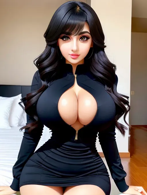 Gorgeous young Iraqi woman, photo cute attractive young face, large wide doe eyes, light colored eyes, big bimbo lips, huge gigantic boobs, (gigantic breasts), raven-black hair, sexy, thin, slim waist, tight navy dress, photorealistic, best quality, ultra high resolution