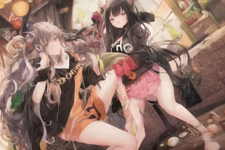 Hentai art,two girls, sex ,coffee shop. First has black long curly brown hair,pink hoodie,black skirt,very cute, green eyes,big breast.Second has long black hair,orange hoodie,black shorts,cute,very small breast,purple eyes