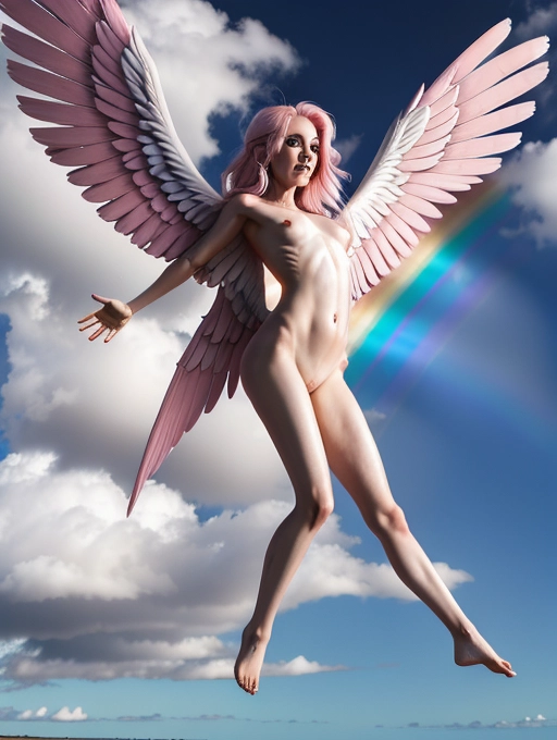 Picture of a beautiful naked pink haired scandanavian woman, an angel with silver outstretched wings on her back, flying in a rainbow, small breasts, arms open to embrace in front of her.