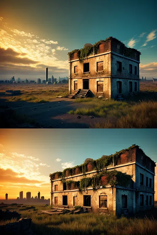 Generate an image of a post-apocalyptic landscape, featuring a mix of natural and man-made elements. Include crumbling buildings, overgrown vegetation, and a sense of danger and abandonment