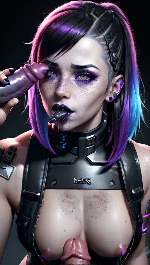 (((replicate inspiration face))), freckles,a cyberpunk girl, wearing slutty clothes, black lipstick, textured skin,
oral, sucking penis, blowjob, big cock