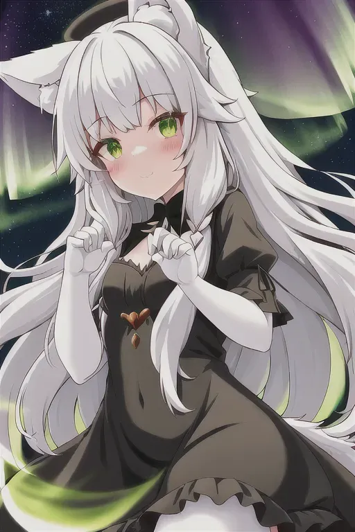 loli cute girl, wolf ears, wolf tail, long white hair, green eyes,long black dress,
photo at night, northern Lights, hand with five fingers, sweet face,