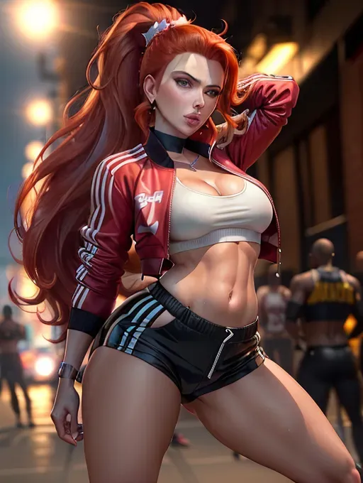 a concept art wide shot of, (((MILF scarlett johansson)))(completely accurate face)(((smirking))), (flirtatious mischievous perky exotic)((as a twerk street dancer)), full body, (((at a night Block Party))), ((wearing cropped track jacket)) (((wearing reversed baseball cap)))(((wearing track PANTS)))(((wearing gstring panties)))((wearing sneakers))(Cleavage),(((long SLEEK HIGH PONYTAIL CENTERED ON TOP hairstyle)))(((redhead)))(sleek)((widows peak)))(athletic physique), (((sweaty)))(((twerking))),(((small breasts))),five slender fingers,beautiful face,beautiful lips,detailed large eyes,curved eyebrows,cgsociety,natural lighting,studio lighting,professional,editorial,(((SURROUNDED BY SEVERAL AFRICAN MEN)))