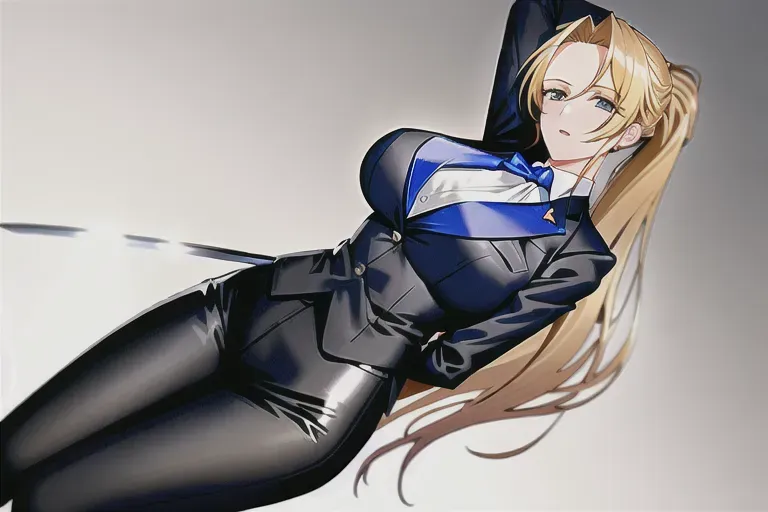 A art of office lady raises very big two-handed sword over her head to strike, wearing business suit with tight trousers, beautiful slim figure, long blonde hair pulled back in a ponytail, blue beautiful eyes, textured hair, high detailed, big breasts, battle ground