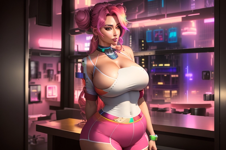 high resolution, ,photoreal, full body portrait, In the foreground a female wearing a colorful revealing top and shorts, the fabric of her outfit clings to her accentuating her generous figure, striking a curvy confident pose, long flowing hair two buns, flirty, alluring, curvy, Thin waist, huge chest, large ass. in the background a large window overlooking a futuristic bustling neon city at dusk