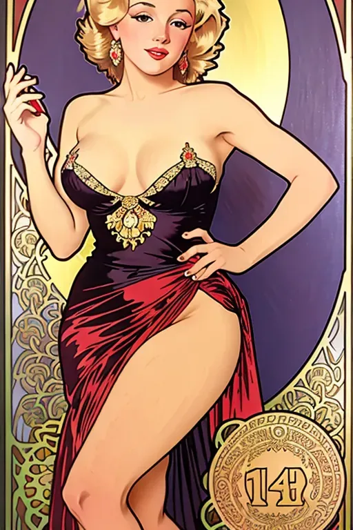 A full-length painting in the style of Alphonse Mucha of a Young Marilyn Monroe in a sexy dress revealing her thighs