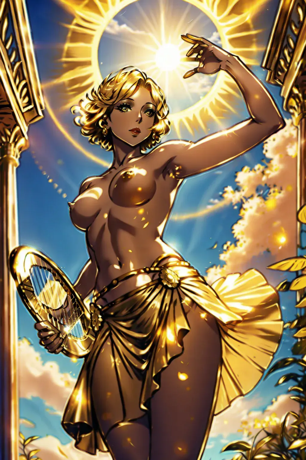 Sun, glowing , harp, golden short hair, topless, uncensored, skirt, ancient greace, from below, uncensored