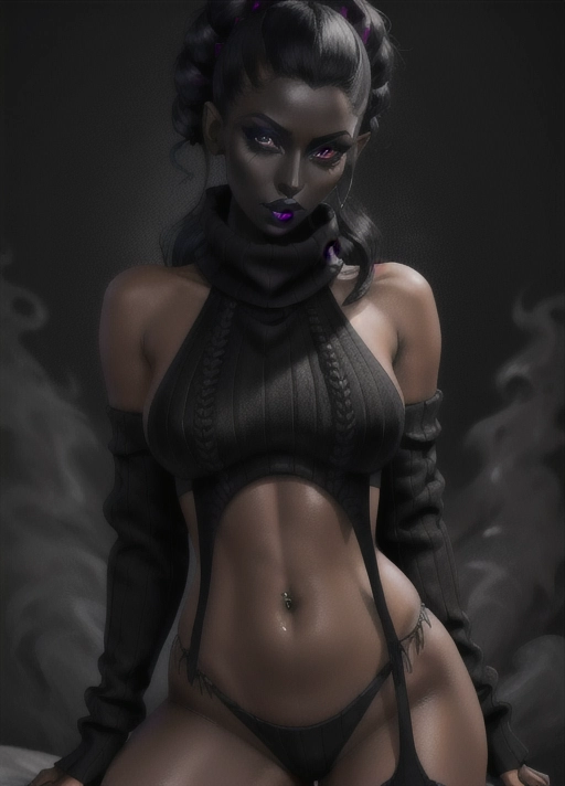 <lora:virgin_destroyer:1> virgin destroyer sweater, 1girl, masterpiece, best quality, highly detailed, (((dark skin))), black hair, black lipstick, goth,