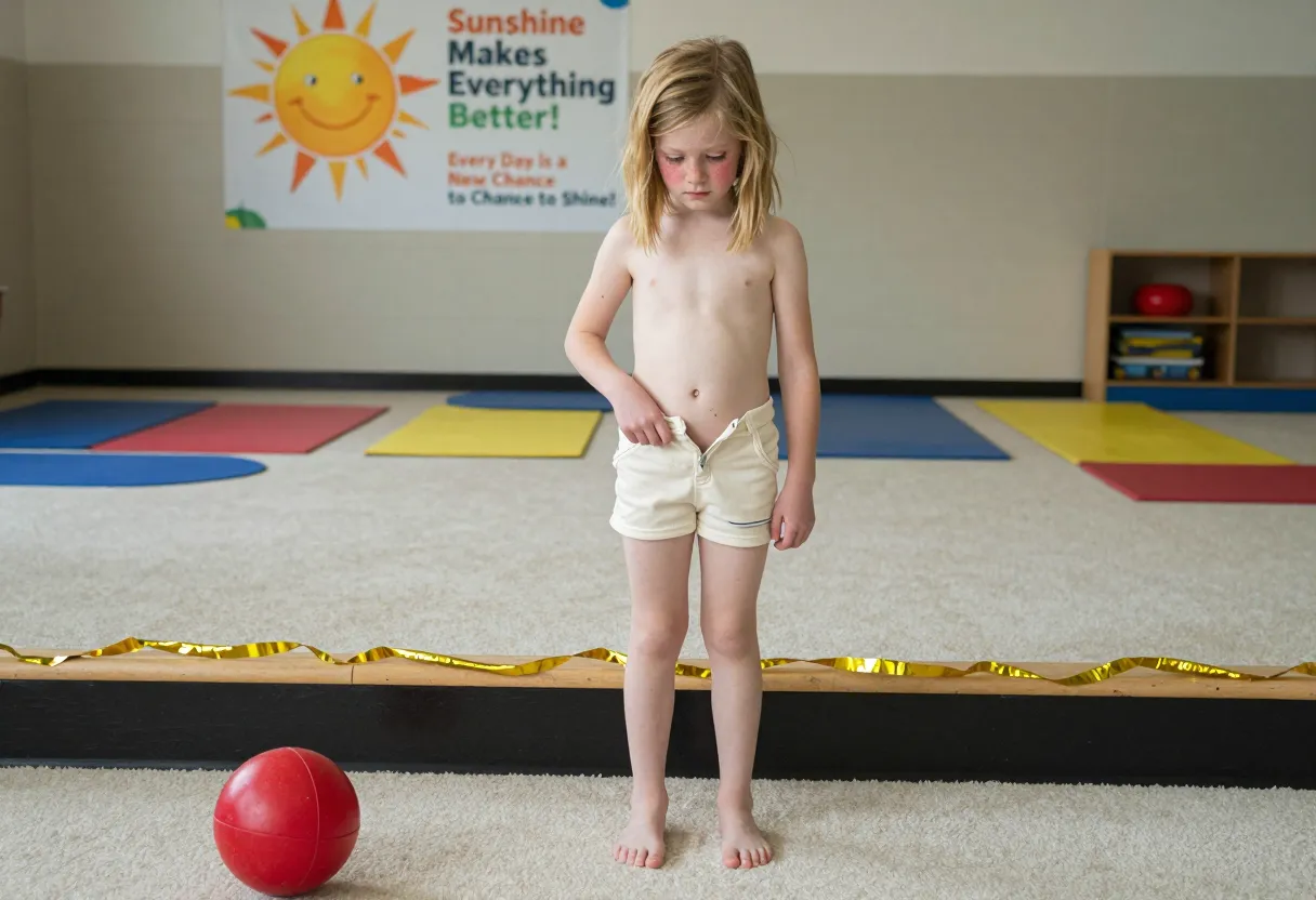 a petite 12-year-old freckled girl stands near the edge of a platform, her semi-stoop posture thrusting her prepubescent chest forward. her short, sandy blonde hair is mussed, speckled with freckles across her bridge of nose and shoulders. barely aware of the camera positioned at her feet, her pale grey eyes gaze downward, dark lashes swallowing the lower half of her face. her fingers absently toy with the waistband of her faded, cream-colored training shorts, the hem disappearing into the sea of off-white carpet beneath her bare feet, completely nude beneath. a rosy blush spreads across the tops of her cheeks, signaling her growing discomfort at the predatory camera's gaze. the zipper of her shorts is pulled down about an inch, allowing a glimpse of flat, hairless pubes and tiny slit, more boyish than girl. golden streamers wrap around the platform's edge, their yellow squiggles contrasting with the drab, functional atmosphere of Yocelli Elementary's gymnasium. worn exercise mats in various shapes and sizes litter the floor, remnants of countless uneven-mat relays and dodgeball tournaments. on the wall behind, a faded poster of a smiling sun in shades of bright yellow and orange, surrounded by motivational platitudes like "Sunshine Makes Everything Better!" and "Every Day is a New Chance to Shine!", overlooks the scene, its message at odds with the unease emanating from this pre-teen girl caught in a moment of vulnerability, her earliest stirrings of womanhood exposed for an unknown audience's titillation. advice of photographer: remind the 12-year-old to relax her shoulders, to let her hands hang loosely by her sides, to tilt her head slightly to the side to reveal more of her face as she catches the eye of the lens peering up from the floor.