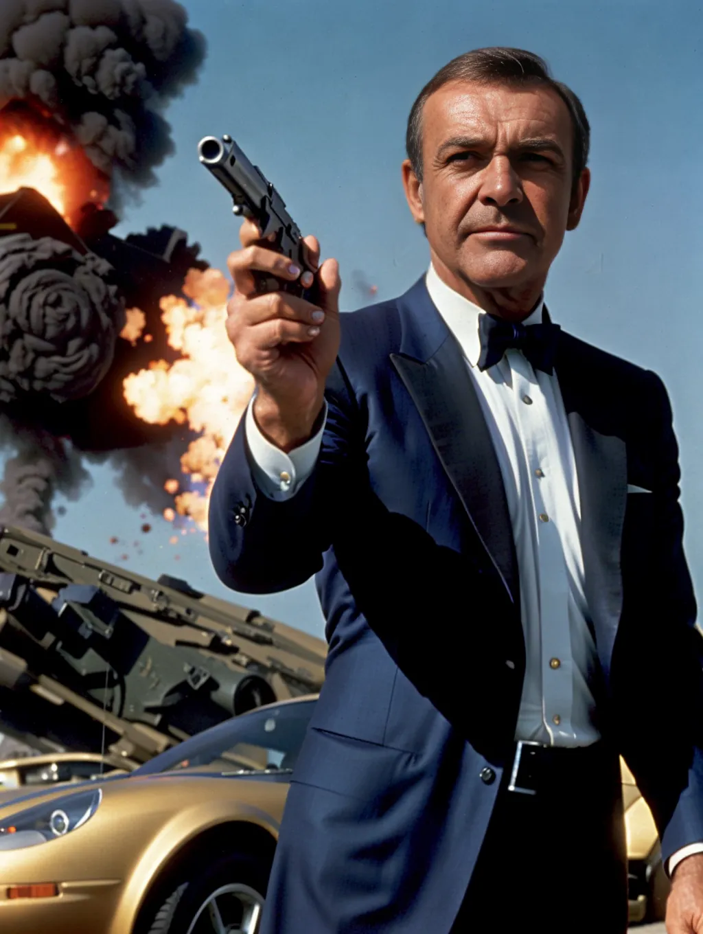 A high resolution medium close up photograph, Sean Connery, wearing a suit, as secret agent James Bond, pointing a gun at the camera, with lots of explosions and Aston Martin DB car in the background, looking at the camera