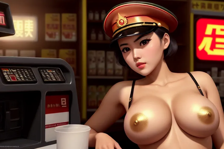 a digital art of,eimi fukada,wearing soviet uniform,lying,at the convenient store,big breasts,five slender fingers,short hair,charming face,beautiful lips,black eyes,curved eyebrows,curved eyelid,textured skin,wearing golden ring,smooth,surreal,ultra realistic,8k,artstation