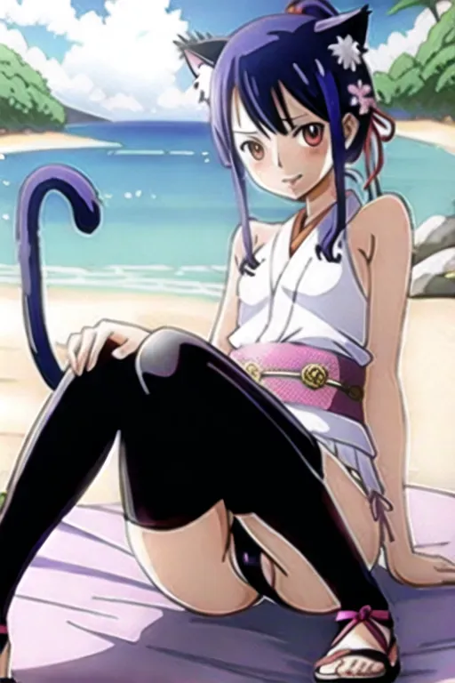 dpmg_onepiece_wano_style_v1, a digital drawing, a small cat girl, small hips, 5 fingers, purple hair, cute feet, a look of longing, cute, spread legs, small breasts, purple eyes, sitting down, beach, one hand on hip, one hand on leg, naked, cat ears, cat tail, cute pussy, towel around shoulders