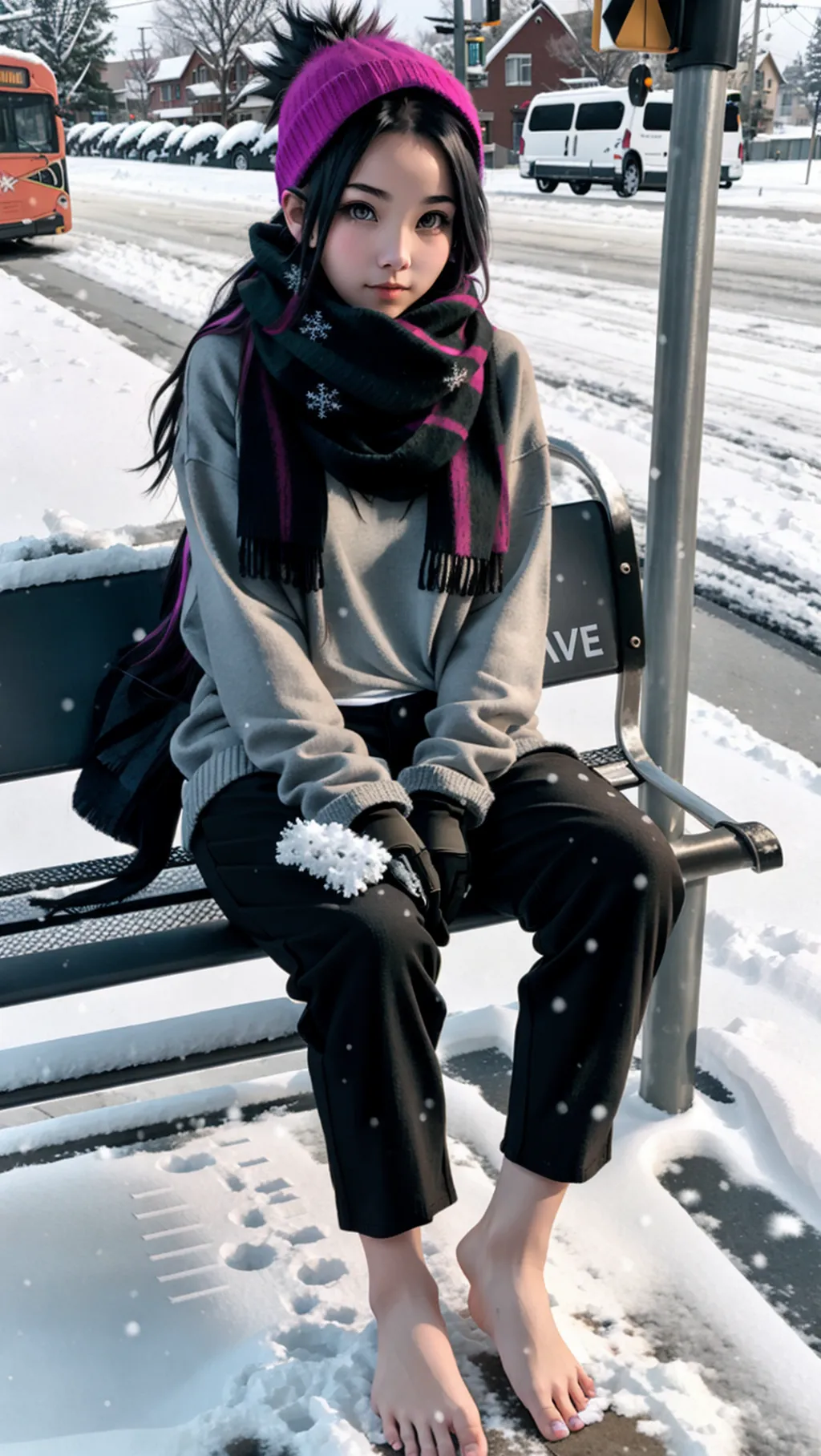 full-body image of a young hot barefoot punk girl with an angular face and long hair wearing casual pants and a long open sweater with a black scarf and gloves while sitting at a bus stop in winter with snow on the ground and snow between her toes, sexy feet,