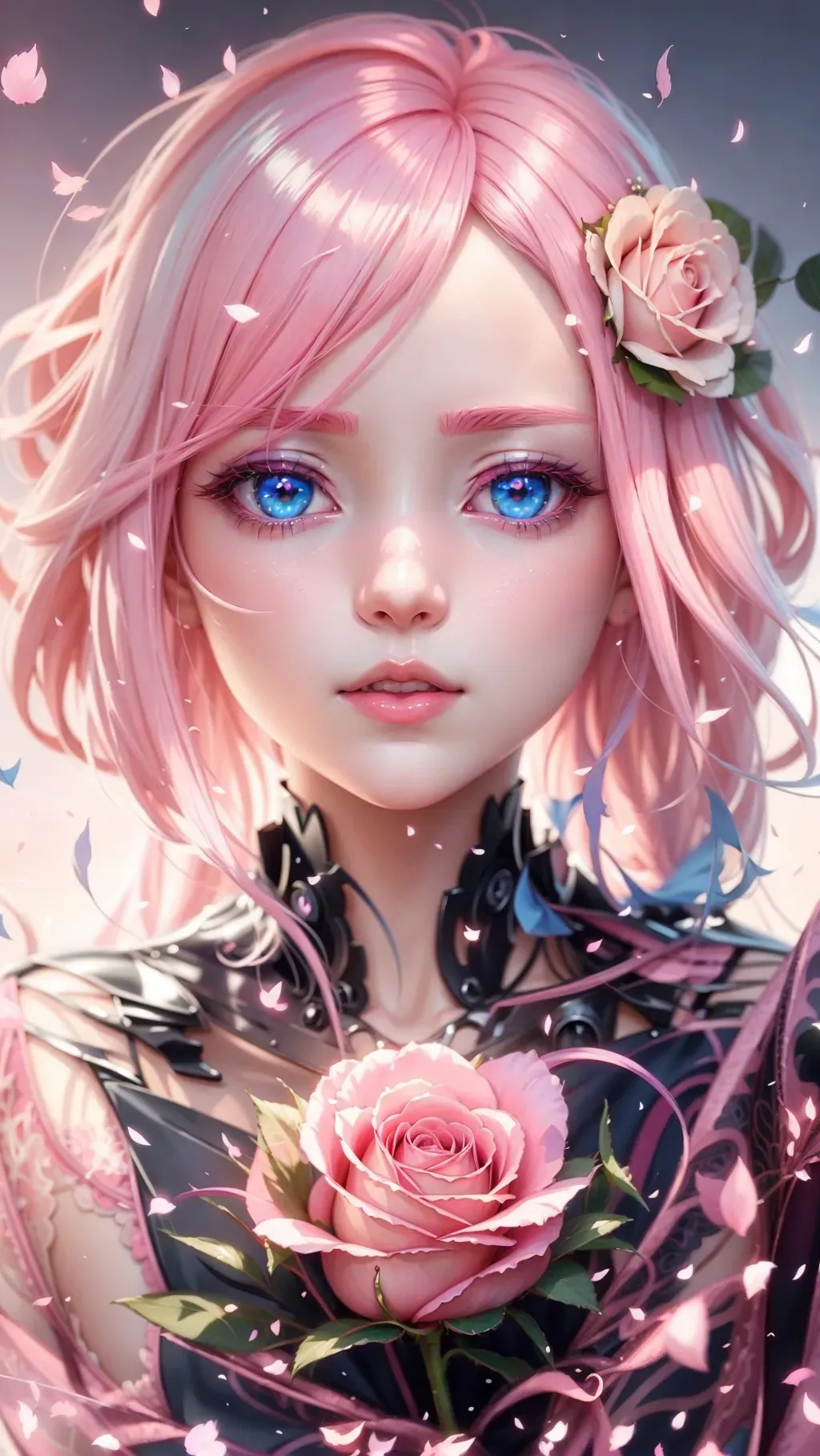 Dopamine Girl - anime girl with blue eyes and pink hair holding a rose ...