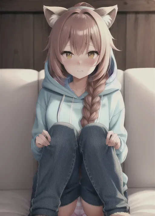 highly detailed, best quality, absurd res, cute shy female sitting on the couch in the distance begging you to make this less awkward, cute room, lewd concerned face, scared, in love, embarrassed, ecchi, perfect pussy, cute wet pink and white striped panties, detailed skin, blush, detailed hands, teehee, perfect figure, she is wearing just a hoodie, fashionable pastel colored hoodie , she has auburn brown hair, detailed background, detailed beautiful eyes, braid in hair, dress up darling, cute wholesome, shy, fluffy racoon ears, fluffy racoon tail, world lighting, proper human proportions, cute faces, high contrast, photo quality, our little secret, deep red blush, pov sitting next to her, wide shot, zoomed out, being brave and bold