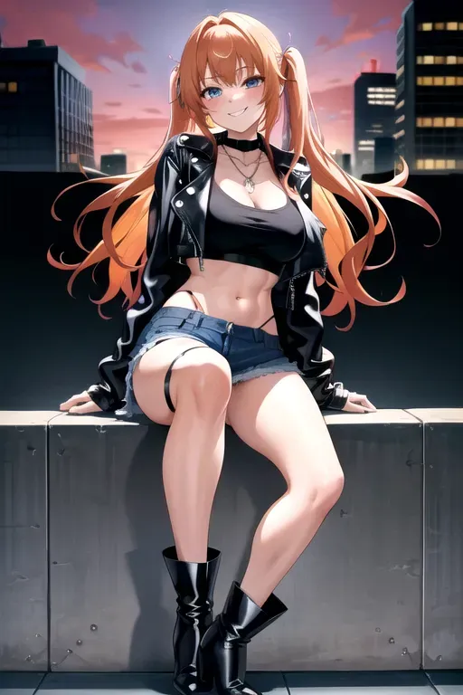 full body, strawberry blonde hair, hazel eyes, short girl, denim miniskirt, black high heeled boots, looking at viewer, long hair, pale skin, silver necklace, black crop top, 24 years old, giant breasts, cute face, pov, wavy hair, city environment, Oklahoma City, wide eyes, erotic, skirt tug, leather jacket, nighttime, black backpack, slim body, low pigtails, sitting on wall, smiling