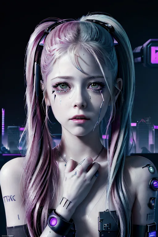 (Avril Lavigne), naked, perfect face, high quality face, 64k, ((cyberpunk)), running mascara,crying ,body modification,battle scars, cyborg implants, ultra detailed image, 4k,