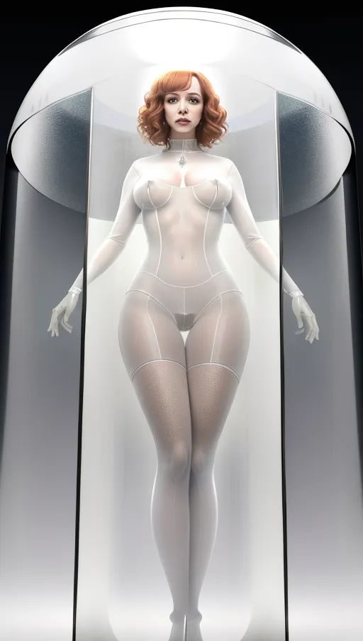 A photograph of Christina Hendricks standing up in (((transparent))) white cotton panties, with a cameltoe
