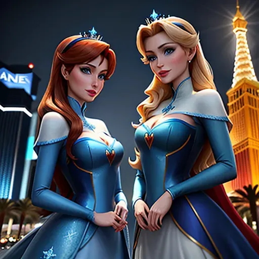 low angle shot,
Anna and Elsa in Las Vegas. Welcome to Fabulous Las Vegas sign. at night.
innocent sweet, Anna of Arendelle 37 years old, Nordic, dressed in modest green attire, large natural round blue eyes, long auburn hair, sweet face, warm smile, soft curved eyebrows, smaller modest breasts.
Elsa of Arendelle 40, slightly taller than Anna. dressed in blue clothing.
five fingers per hand, ultra realistic, unreal engine, reduced saturation, adult