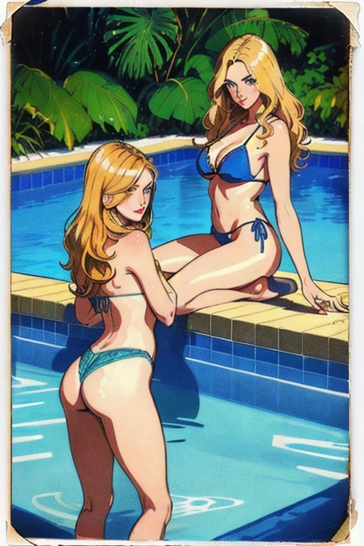 Faded Polaroid photo of, Pool Scene, disposable camera photograph, large film grain, high contrast, Flash photography, Bad photography, bright _light, Oversaturated, 1970s, 30 Year Old, Britt Ekland, Blonde Highlights, Wavy Hair, Detailed Hair, Brunette Eyebrows, Mascara, False Eyelashes, Scarlet Lipstick, Wearing a Blue Bikini, Gold Swedish Cross Detailing, Tanlines, Long Legs, Tight ass, Hands Behind Back, masterpiece, best quality, highly detailed, Facing the Viewer, Detailed Pupils, Dilated Pupils, Playful, Slutty, Smiling, Naked, Body Hair, Pubic Hair, Bokeh