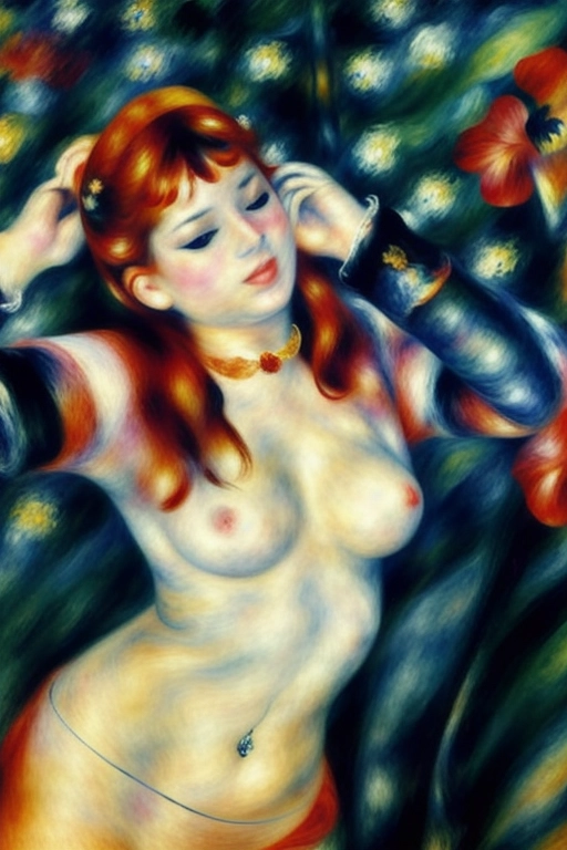 ((((Erotic abstract art by Renoir )))), ((full color)), extreme closeup pov navel, sniffing a black rose, gorgeous young nude redhead woman, completely naked, beautiful face, (sexually aroused smile), ((alluring smile)), (((seductive expression))),((((flirting)))), in a rose garden full of black roses,