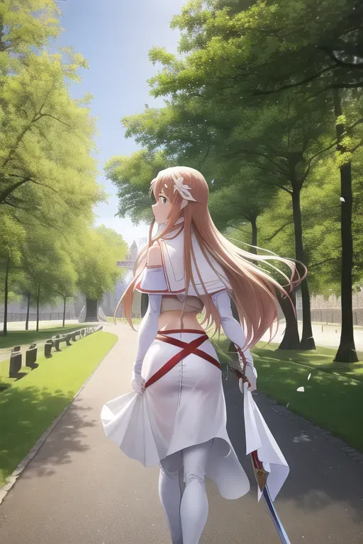 Yuuki Asuna from Sword art Online, back facing the camera, (walking away from the camera), walking through a park with trees and flowers in Rome in front of the Colloseum, (white breastplate, medieval armor, crop top, white top), clothed, red short skirt,