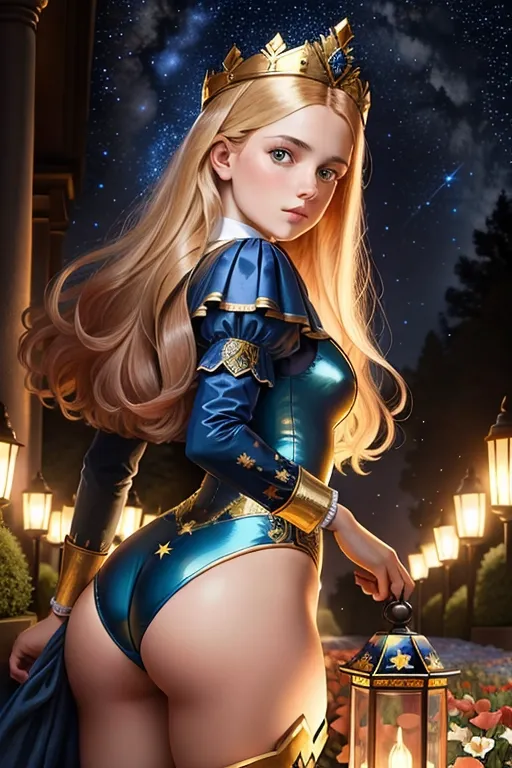 Colour picture of a young Dutch Princess Alexia, ((accurate face)), in a flower garden at night, ass pose, starry sky, lit by lanterns, elaborate blue and gold patterned leotard, beautiful face, standing, fit, highly detailed, correct human anatomy, looking at viewer, closeup,