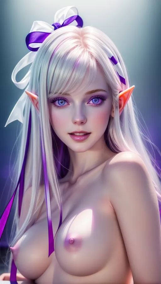 (Best quality), high quality (photo_realistic:1.2) hyperreal, (a sexy portrait of woman posing expressively in a saturated neon light studio), (long flowing white hair with purple ribbons, nude:1.2),
(Correct anatomy), Toned, (detailed front view of face looking at viewer with happy expression:1.07), beautiful detailed lips smiling with mouth open, purple eyes, elf ears, <lora:dpmg_rezero_emilia:0.6>,
(Vibrant gradient pink to purple effect background, silhouette:1.2), hyperrealistic pale skin, five high quality slender fingers,
a portrait of woman in a playful erotic pose, soft focus, <lora:dpmg_add_detail:0.75>, (amateur photography:1.15), (high resolution masterpiece, dark contrast:1.35), anime-like, bad photography, bad lighting,